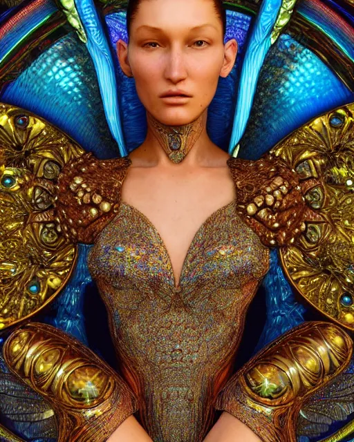 Prompt: a highly detailed metahuman 8 k close up render of bella hadid as alex grey art renaissance in iris van herpen dress schiaparelli in diamonds crystals swarovski and jewelry iridescent in style of alphonse mucha gustav klimt trending on artstation made in unreal engine 4