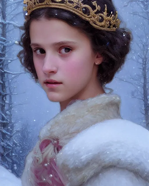 Prompt: a portrait painting of a shy, blushing 1 6 - year old alicia vikander or millie bobby brown as a princess of the ice and snow, in a snowy setting at night, intricate, elegant, highly detailed, artstation, concept art, by krenz cushart and donato giancola and william adolph bouguereau and alphonse mucha