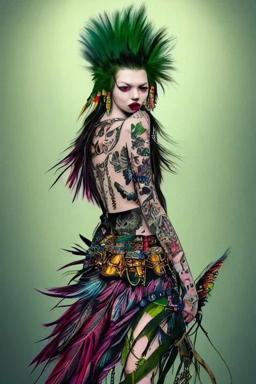 Image similar to portrait of hannah murray as a punk woman with green mohawk, neotraditional tattoos, fishnets, long tartan skirt as phoenix queen, feathers, wings, rainbow clothes,, sci - fi, intricate and very very beautiful and elegant, highly detailed, digital painting, artstation, smooth and sharp focus, illustration, art by tian zi and wlop and alphonse mucha