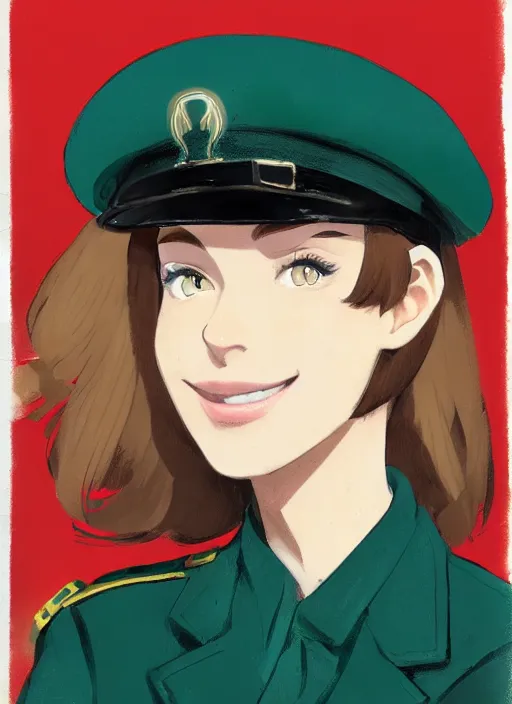 Prompt: portrait of young woman with light brown hair and hazel eyes dressed in a sharp dark teal military uniform with beret, saluting, smiling at camera, ilya kuvshinov, anime, cheerful