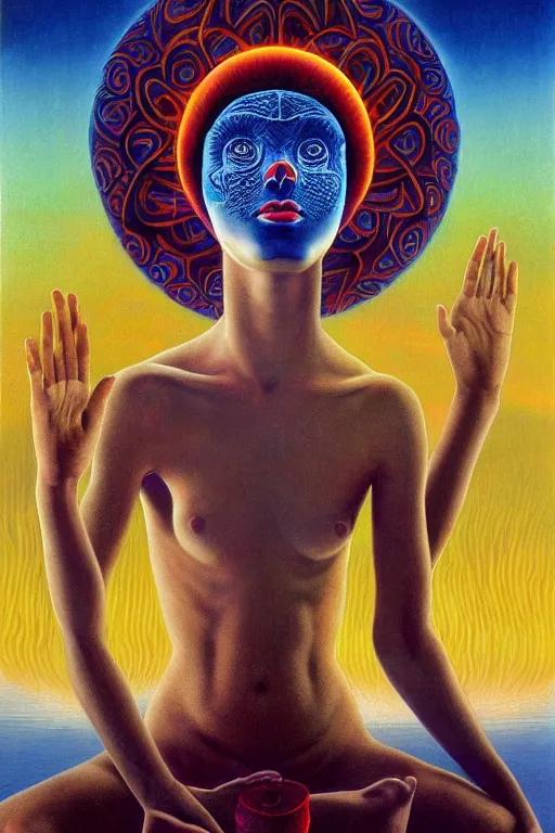 Image similar to mystic cult girl performing realism third eye ritual, expanding energy into waves into the ethos, epic surrealism 8k oil painting, portrait, high definition, post modernist layering, by Ernst Fuchs, Gerald Brom