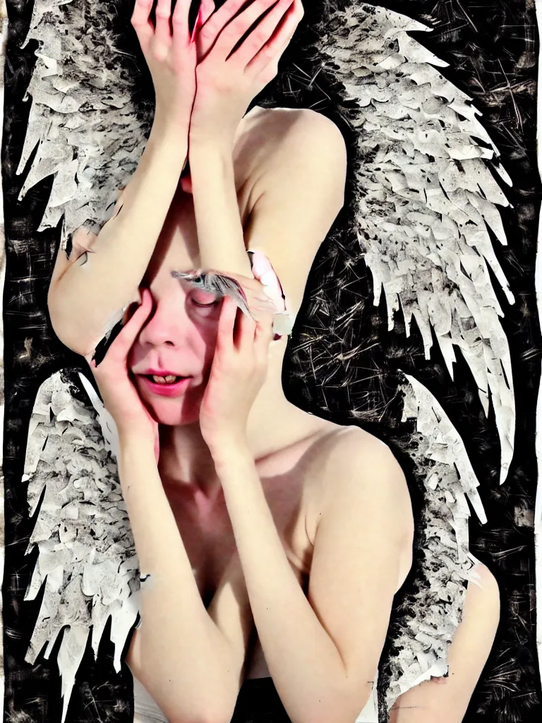 Image similar to a young adult angelgirl soft crying with lots of hands on her face and ratty feathered angel wings, stressed and burnt out, collage effect, collaged, torn paper, overexposure, overexposed, high exposure