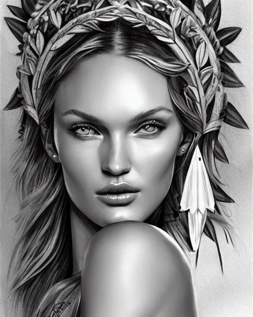 Prompt: realism tattoo sketch of candice swanepoel as a beautiful greek goddess aphrodite with piercing eyes wearing a laurel wreath and triangle earrings, in the style of greg rutkowski, amazing detail