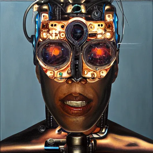 Image similar to a realistic oil painting of a black man as a cybernetic cyborg, surrealism portrait, surrealism album cover