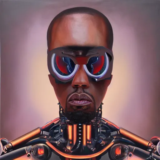 Image similar to a realistic oil painting of a cybernetic kanye west cyborg, surrealism portrait, surrealism album cover