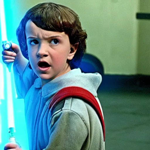 Image similar to a still of eleven from stranger things in star wars: revenge of the sith, holding an activated lightsaber