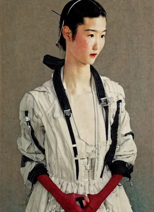 Image similar to a portrait by norman rockwell of a beautiful young japanese woman detailed features wearing a cargo wedding dress synthetic materials, jumpsuits lots of zippers chic'techno fashion trend by balenciaga