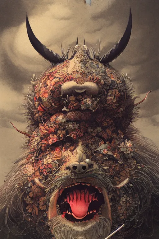 Image similar to a japanese devil animal illustrated by miyazaki by karol bak, james jean, tom bagshaw, rococo, sharp focus, trending on artstation, cinematic lighting, hyper realism, octane render, 8 k, hyper detailed, vivid, ultra detailed, highly detailed