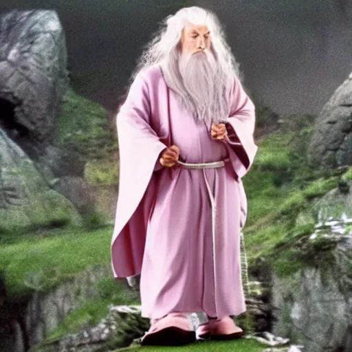 Prompt: gandalf wearing light pink robes, hello kitty hair clip, movie still from the lord of the rings