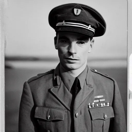 Image similar to cillian murpht in a world war ii uniform, black and white film photography, cabinet card, 2 5 mm lens, cinematography by roger deakins