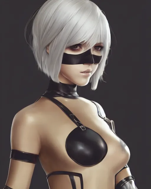 Image similar to full shot league of legends portrait of 2 b nier automata wearing a latex suit, au naturel, hyper detailed, digital art, trending in artstation, cinematic lighting, studio quality, smooth render, unreal engine 5 rendered, octane rendered, art style by klimt and nixeu and ian sprigger and wlop and krenz cushart.