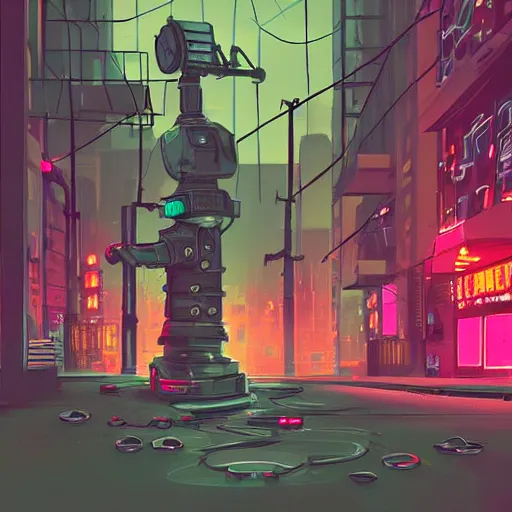 Prompt: A dark cyberpunk alley, with crossing hanging cables and pipes, broken neon signs, flashing pink billboards on high skyscrapers in the distance, digital art Wet puddles on the ground, a cat is sitting on a rusty air hvac unit A lonely old grunge looking robot is standing in the foreground