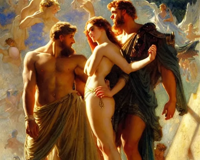 Image similar to distracted boyfriend meme of zeus ignoring hera to look at adonis, painting by gaston bussiere, craig mullins, j. c. leyendecker