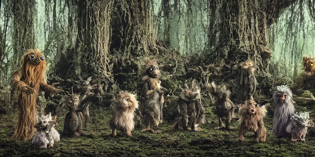 Image similar to A scene from a film in the style of The Dark Crystal, Jim Henson Puppets, realistic, furry creatures, castle, forest, fantasy, cinematic style, 35mm, film post process