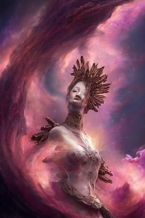 Image similar to beautiful detailed cgi matte painting female space empress of the andromeda, by ellen jewett, alessio albi | symmetrical features, ominous, alluring, vivacious, realism, intricate, ornate, royally decorated, organic, growth, whirling nebulas, glowing particles, colorful refractive adornments, torn nebulas, radiant nebula colors