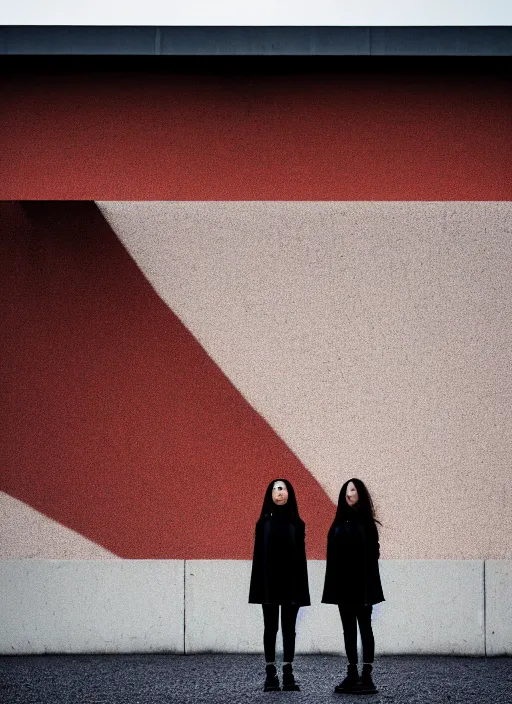 Prompt: cinestill 5 0 d photograph of 2 women wearing black techwear in front of a brutalist sharp - edged metal building, on a desolate plain, red eerie sky, sigma 8 5 mm f / 1. 4, 4 k, depth of field, high resolution, highly detailed, 4 k, 8 k, hd, full color, raw, unedited