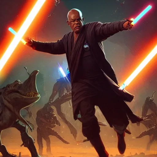 Prompt: a realistic portrait of mace windu holding a lightsaber fighting a group of dinosaurs in a destroyed cyberpunk city with lasers flying through the air by greg rutkowski