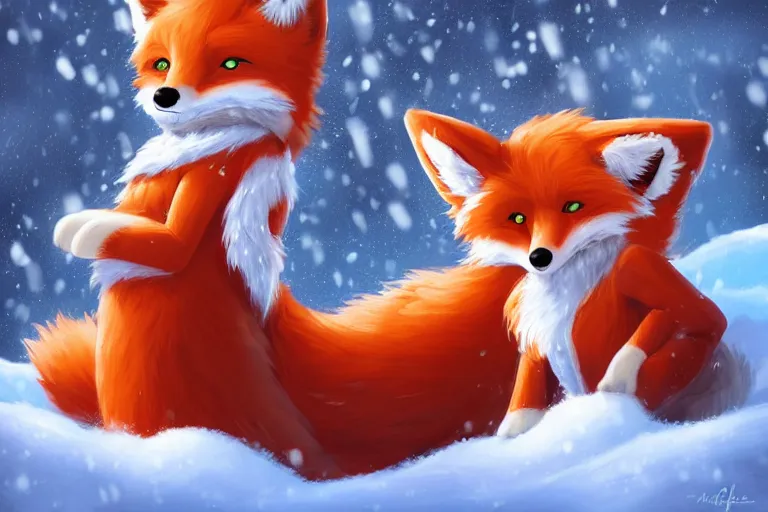 Prompt: an anthropomorphic fox with a fluffy tail wearing a scarf playing in the snow, backlighting, trending on pixiv, digital art, furry art, trending on furaffinity