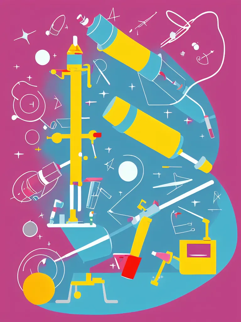 Image similar to editorial illustration scientific lab test tube telescope microscope spaceship, colorful modern, mads berg