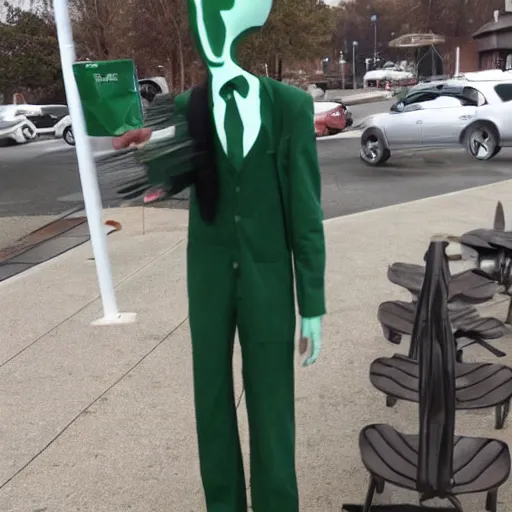 Image similar to slenderman working at starbucks.