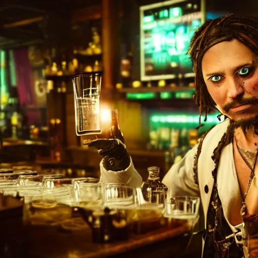 Image similar to a high quality portrait of a pirate bartender in a cyberpunk cyberpunk cyberpunk cafe, realism, 8k, award winning photo