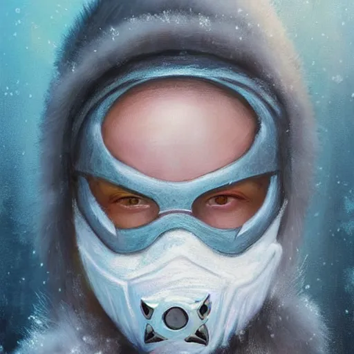 Prompt: “ fantasy, snow, bandit ‘ icewind dale ’ with mask, portrait by ‘ justin sweet ’, soft focus, illustrated, oil paint, cinematic ”