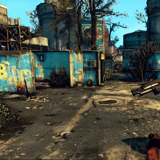 Prompt: Bahamas in ruins post-nuclear war in Fallout 4, in game screenshot