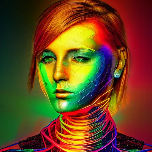 Image similar to portrait painting of a colorful cybernetic woman, fantasy, digital art, pixel sorting