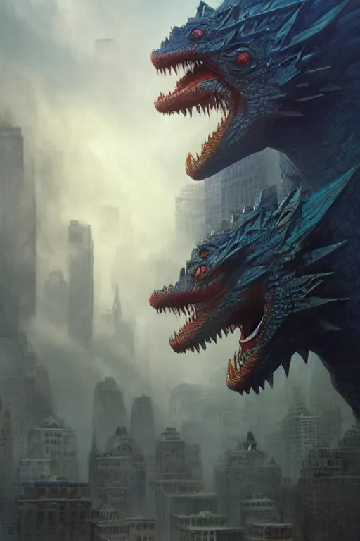 Prompt: kaiju in new york, highly detailed, d & d, volumetric fog, fantasy, highly detailed, digital painting, trending on artstation, concept art, sharp focus, illustration, global illumination, ray tracing, realistic shaded, art by artgerm and greg rutkowski and fuji choko and viktoria gavrilenko and hoang lap, sunny