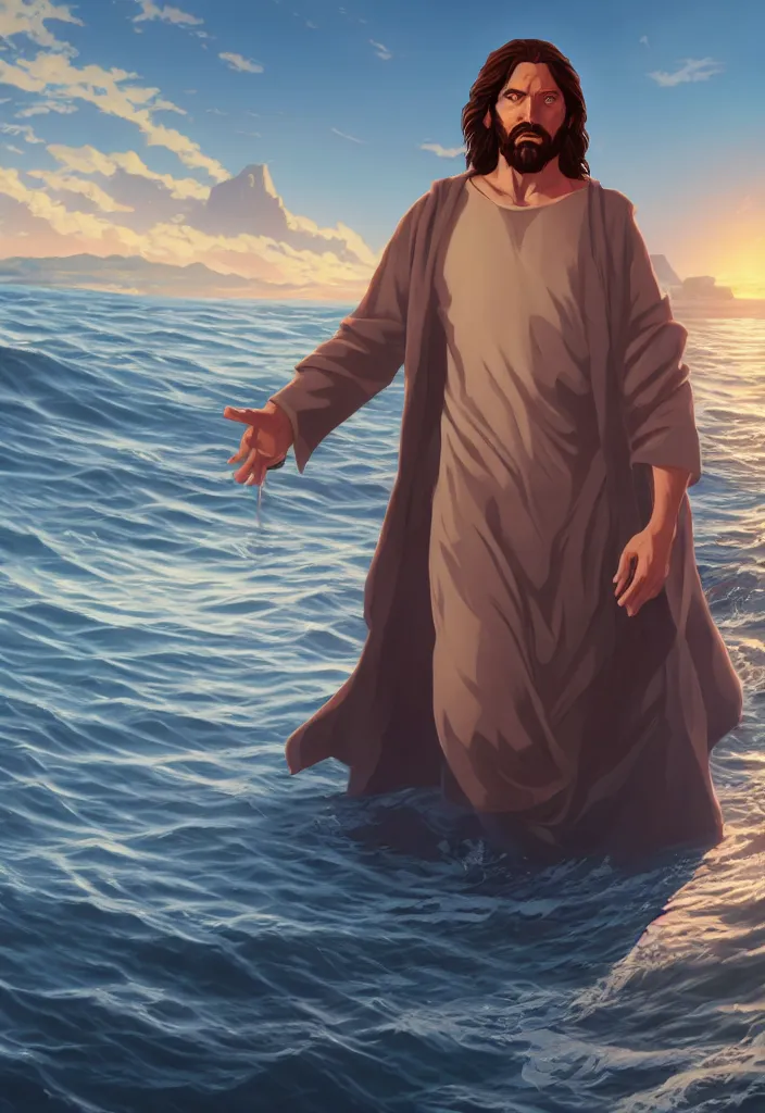 Prompt: a portrait of jesus walking on water by dan mumford, yusuke murata and makoto shinkai, 8k, cel shaded, unreal engine, featured on artstation, pixiv