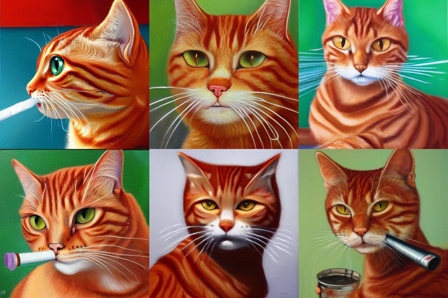 Prompt: a highly detailed oil painting of a red tabby cat smoking a cigarette, in the style of Memphis,