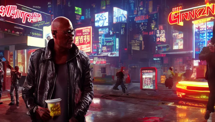 Prompt: samuel l jackson in night city eating chinese takeaway with johnny silverhand, cyberpunk 2 0 7 7, rendering, wallpaper, concept art, digital art