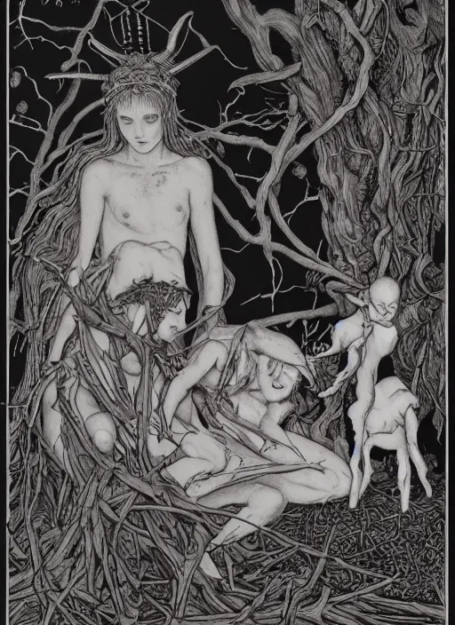 Image similar to pagan boy and girl performing an occult satanic ritual on a goat in a deep thorns bones bloody forest, by Austin Osman Spare and Takato Yamamoto, high resolution, rendered in octane 3d