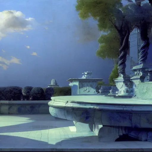 Prompt: gardens of marble draped in flowing sheets of cobalt blue satin and silver satin, by ivan aivazovsky and pieter claesz and paul delaroche and alma tadema and august malmstrom and willem claesz heda and aelbert cuyp and asher brown durand and moebius and syd mead and roger dean, hyperrealistic, volumetric light, octane render