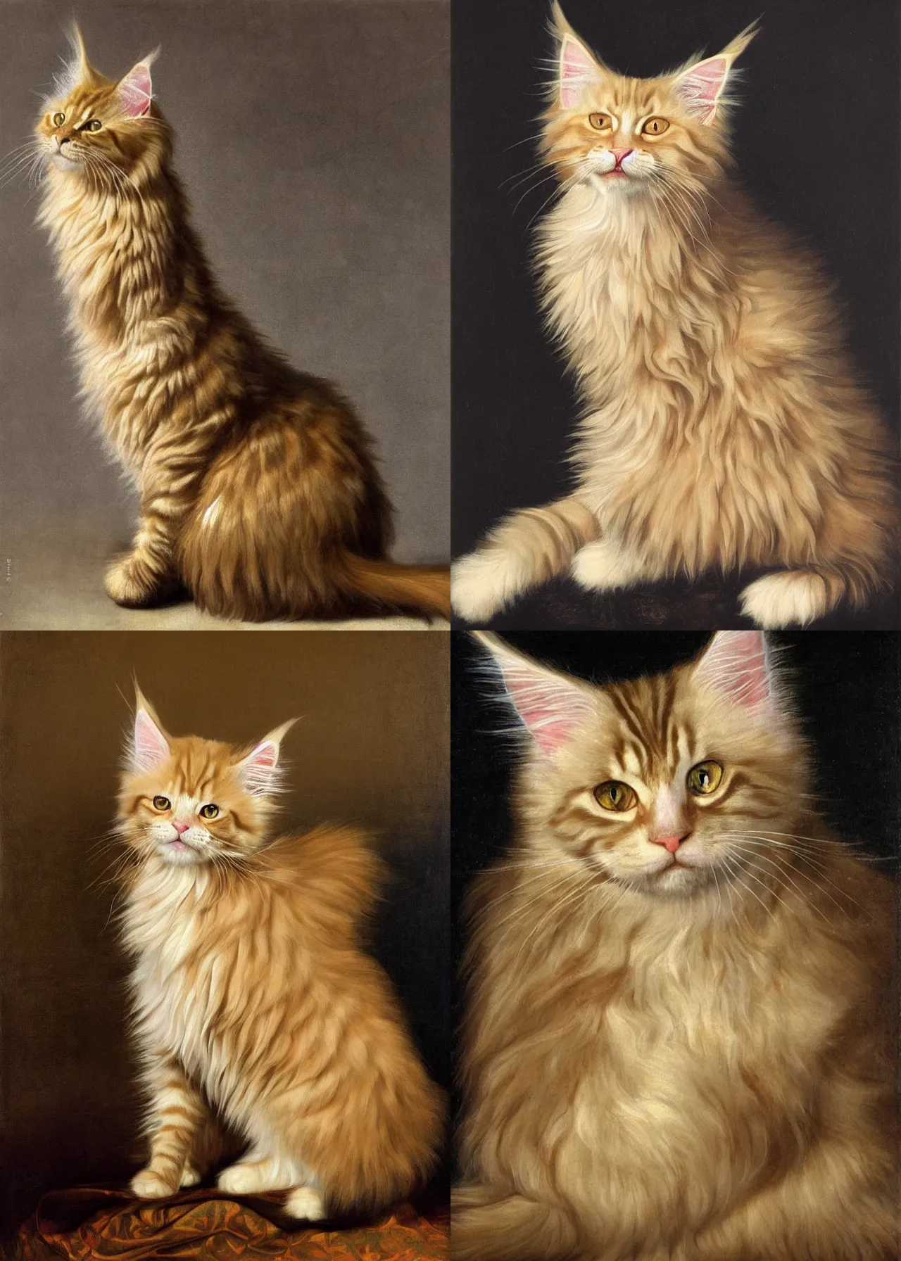 Prompt: a portrait of a cream colored Maine Coon kitty wearing a funny outfit, full body shot, oil painting in a renaissance style ,Rembrandt lighting scheme ,light dark, dark background , epic, very detailed, painted by Artemia Gentileschi , Caravaggio, Titian, Rembrandt.