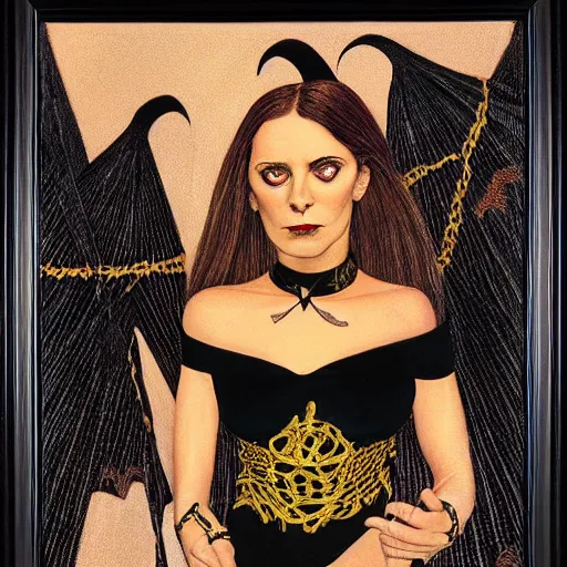 Image similar to portrait of a witch, dressed in black clothes embroidered with gold, by alex ross.