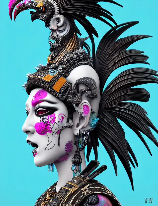 Image similar to 3 d goddess close - up profile portrait punk with mohawk with ram skull. beautiful intricately detailed japanese crow kitsune mask and clasical japanese kimono. betta fish, jellyfish phoenix, bio luminescent, plasma, ice, water, wind, creature, artwork by tooth wu and wlop and beeple and greg rutkowski