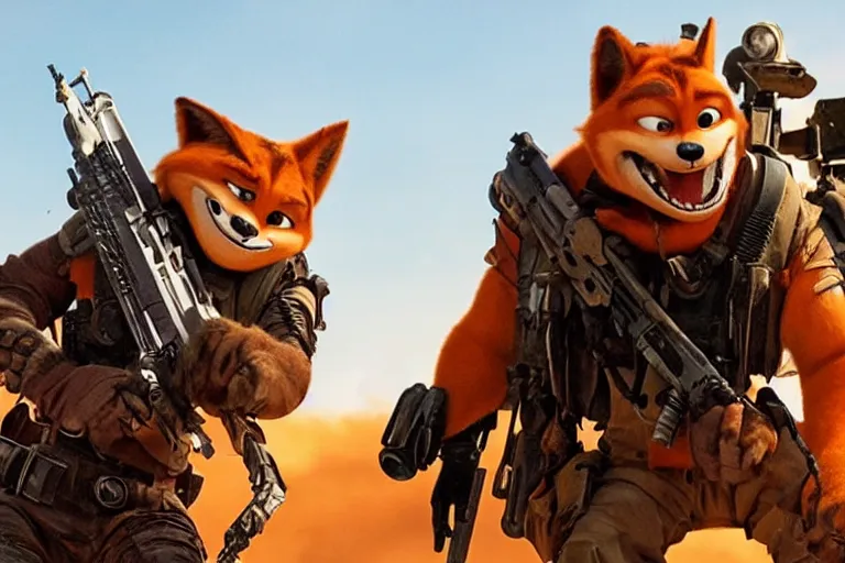 Image similar to nick wilde, heavily armed and armored facing down armageddon in a dark and gritty reboot from the makers of mad max : fury road