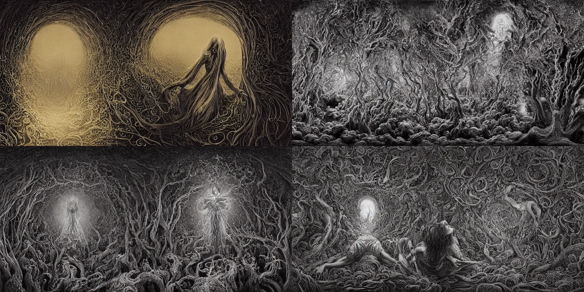 Prompt: A Strange Representation of Beautiful Darkness in the style of Gothic Art, Strangely Beautiful and Dark, Spiralling Chaos, Tamed, Organized, by Alex Grey, Gustave Doré, James Gurney, Zdzisław Beksiński, Victo Ngai and Cyril Rolando, 4K 64 megapixels 8K resolution filmic HDR Kodak Ektar wide-angle lens 3D shading Cinema 4D IMAX shadow depth Unreal Engine hyperdetailed concept art photoillustration trending on Artstation, Surreal Gothic Art by Salvador Dalí, Beeple and Victo Ngai, Dark Colours, Ambient Lighting, Amazing Depth, Parallax