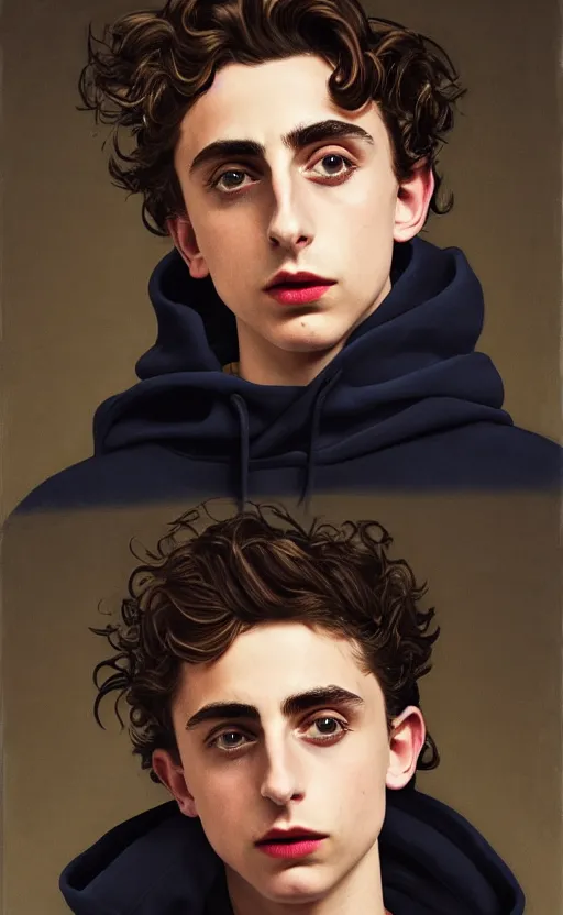 Image similar to Timothee Chalamet wearing hoodie, night time, looking at his reflection, +++ super super super dynamic posing, j.c. leyendecker, Valentina Remenar, kodachrome, thick eyebrows, super serious facial expression