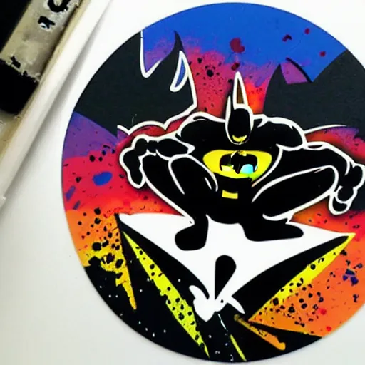 Image similar to die cut sticker of batman breakdancing, splatter paint