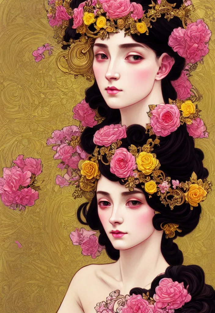 Image similar to beautiful black pink yellow, complicated gold and pink flowers in baroque style headwears, dark fantasy, intricate, elegant, highly detailed, digital painting, artstation, concept art, matte, 3 d 8 k octane rendered, sharp focus, illustration, octane rendered, art by artgerm and alphonse mucha, leesha hannigan