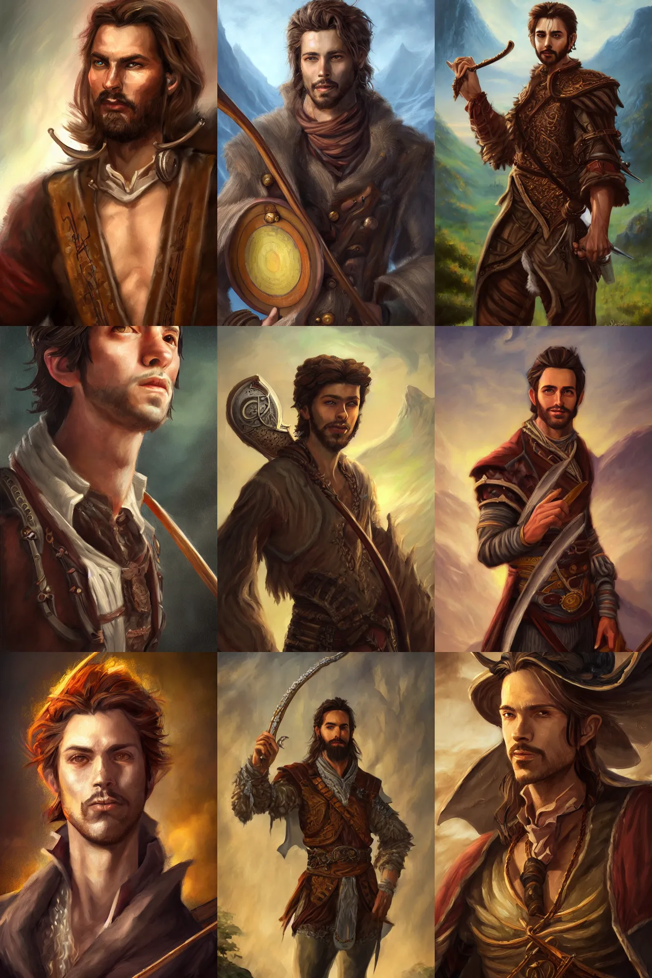 Image similar to a full body high detail fantasy portrait oil painting illustration of a single handsome male bard by justin sweet with face and body clearly visible, in a scenic background, intense eyes, realistic proportions, d & d, rpg, forgotten realms, artstation trending, high quality, sombre mood, artstation trending, muted colours, entire person visible!