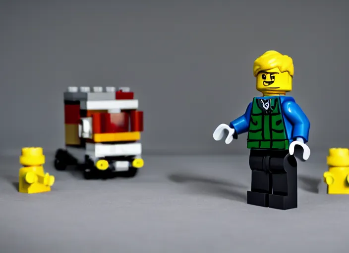 Image similar to product photo still of lego!!!! walter white!!!! with a lego winnebago in the background, 8 k, 1 2 0 mm macro, f 1. 8, studio lighting, key light