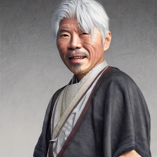 Image similar to portrait painting of a 6 0 year old handsome chinese taoist priest, like liangchao wei, silver hair, amiable by wenjun lin, irakli nadar, bright colors, octopath traveler, wenjun lin, unreal engine 5 highly rendered, global illumination, radiant light, detailed and intricate environment