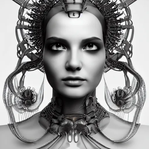 Image similar to closeup portrait of an absurdly beautiful, graceful, sophisticated, fashionable cyberpunk mechanoid gravure idol, an ultrafine hyperdetailed illustration by irakli nadar, matt wisniewski style, fashion photography, intricate linework, porcelain skin, jellyfish headdress, fractal ivory carved necklace, unreal engine 5 highly rendered, global illumination, radiant light, detailed and intricate environment