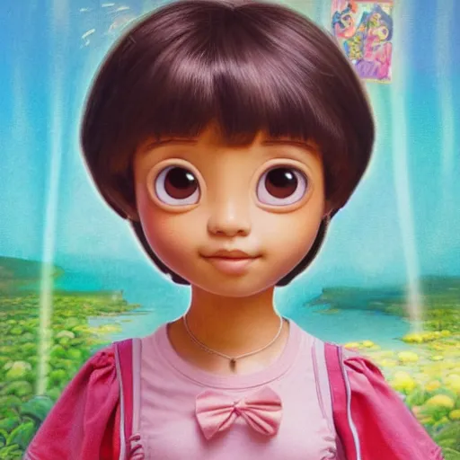 Image similar to portrait of Dora the explorer as real girl in live action movie, in happy pose, detailed, intricate complex background, japanese Pop Surrealism, lowbrow art style, muted pastel colors, soft lighting, 50's looks by Mark Ryden,Yosuke Ueno,mucha, artstation cgsociety