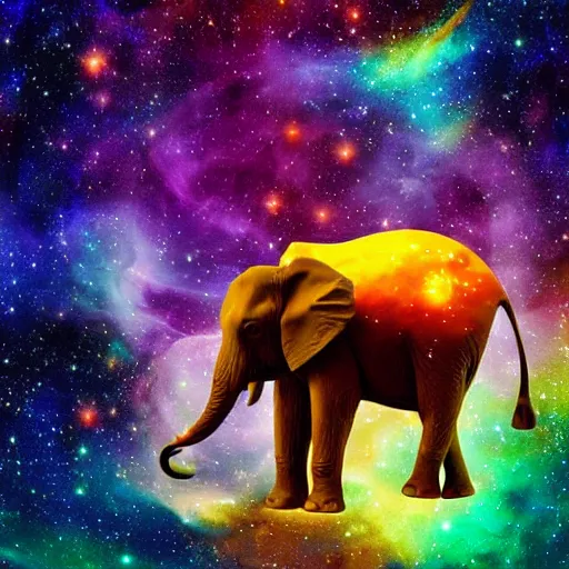 Image similar to astronaut riding an elephant!!! in space, colorful nebula in the background, digital painting,