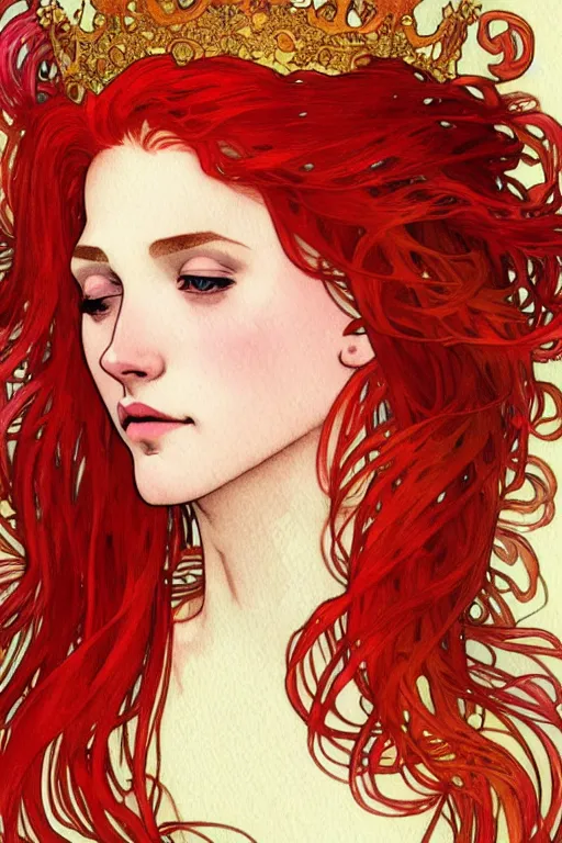 Image similar to watercolor, a red hair female underwater with a crown made of long golden fish!!, intricate, elegant, highly detailed, my rendition, digital painting, trending on artstation, concept art, smooth, sharp focus, illustration, art by alphonse mucha