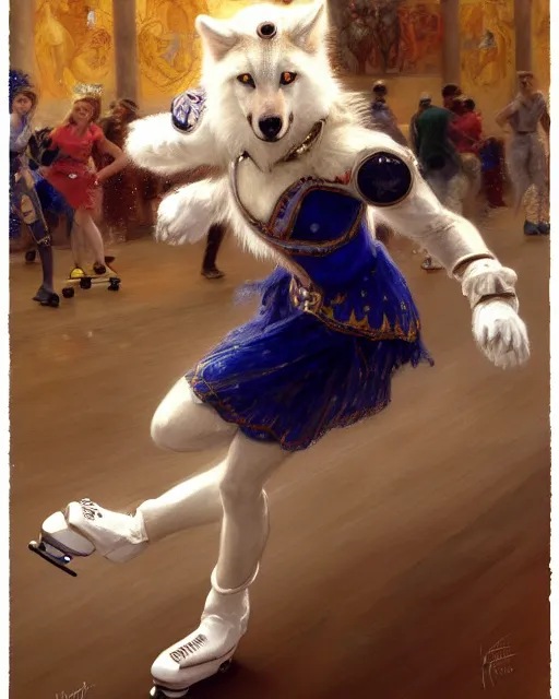 Image similar to white female anthro wolf skating at a roller derby, 4 k, furaffinity, trending on artstation, very expressive detailed face, energetic, speed, motion blur, by gaston bussiere, craig mullins, j. c. leyendecker, gustav klimt, artgerm, greg rutkowski, alphonse mucha